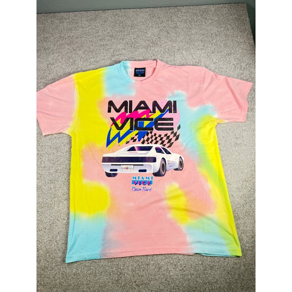 Reason Brand Miami Vice Tie Dye Graphic T-Shirt Mens XL Retro Car Pastel Pink